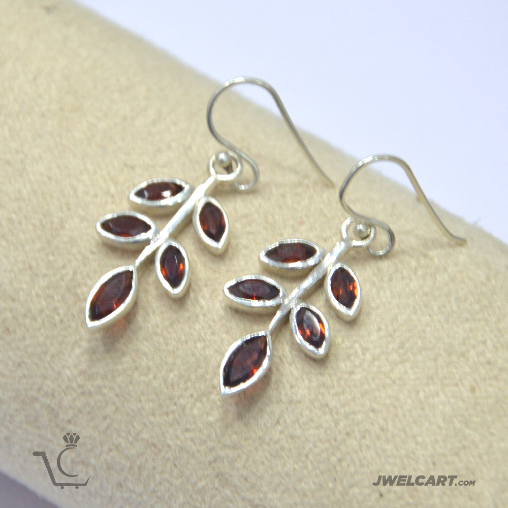 Leaf Red Garnet Silver Earrings